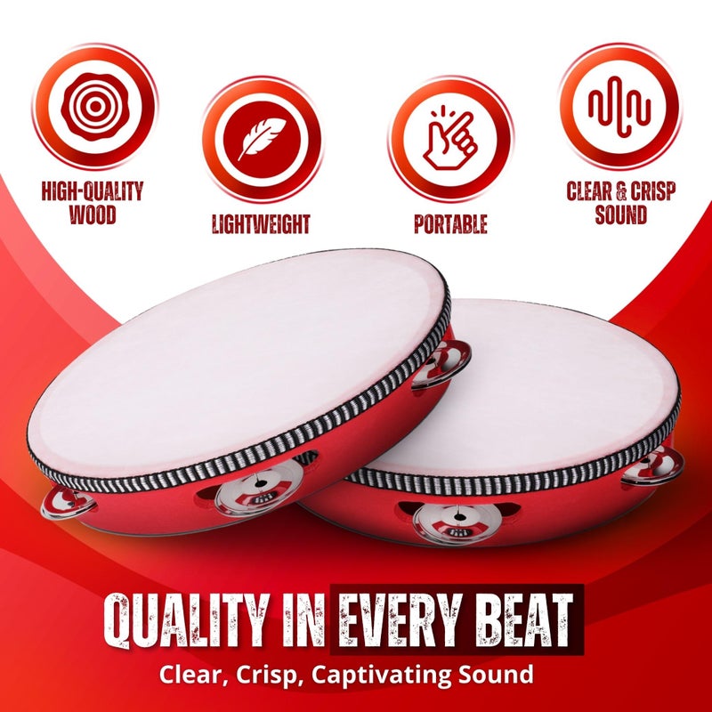Flexzion Wooden Round Tambourine for Adults 10" Inch Single Row 8 Pair Jingles, Red Handheld Percussion Instrument for Beginner and Professional Tambourine Player - Image 3
